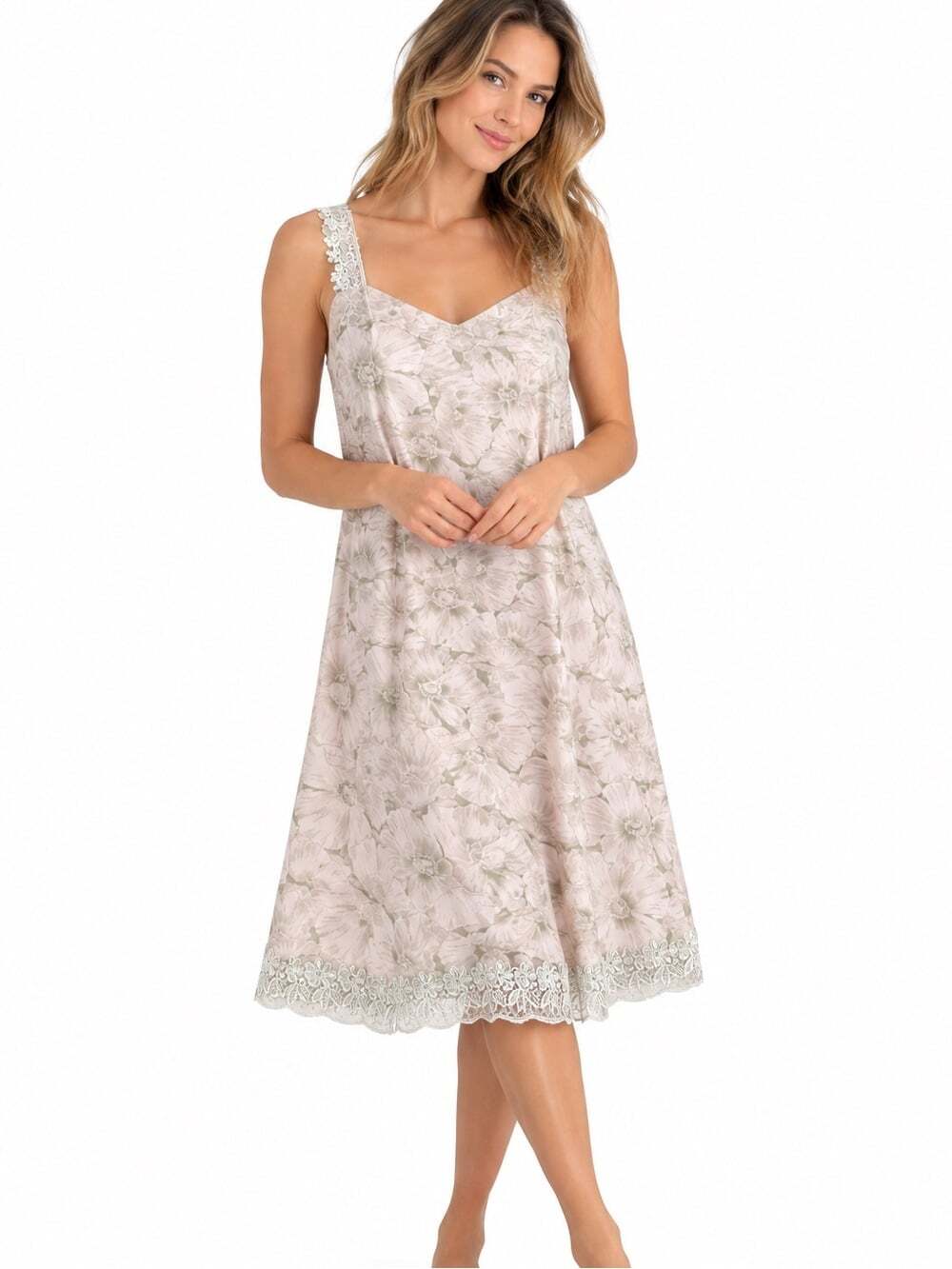 Floral Nightgown L Lace Strap Midi A-Line Embroidered Hem Satin Lined Sleepwear